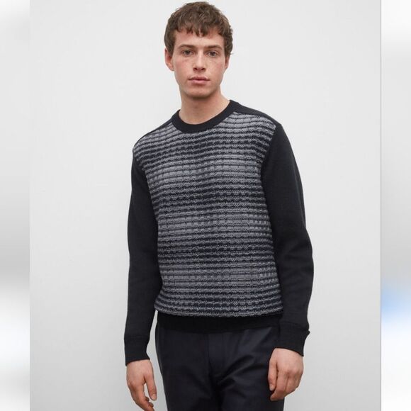 Club Monaco Wool Caviar Knit Textured Plaid Crewneck Black Gray Sweater Size L - Picture 1 of 5